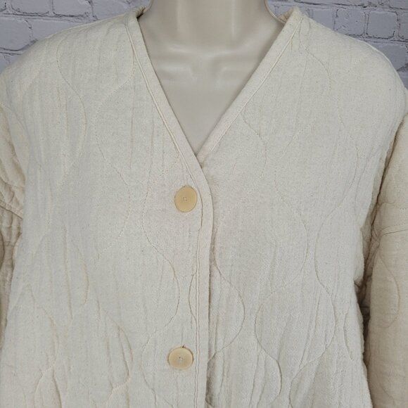 Zara Ivory Cream Quilted Cotton Buttoned Collarless Pockets Jacket Size Small S - Picture 7 of 16